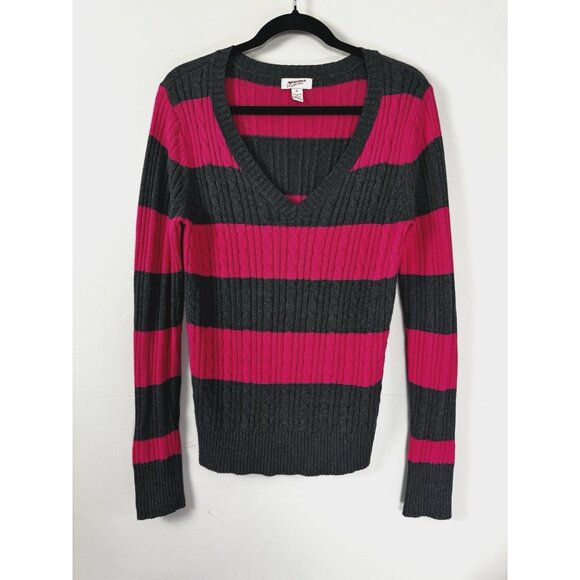 VTG Y2K Arizona Pink Charcoal Striped V-Neck Cable Knit Sweater XL 90s Cozy Knit - Picture 1 of 9